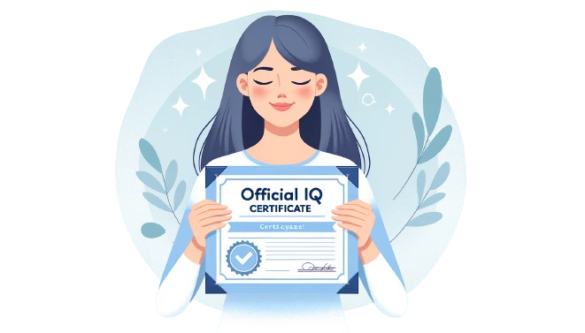 "Illustration of a proud woman holding up an IQ certificate, with a confident smile."