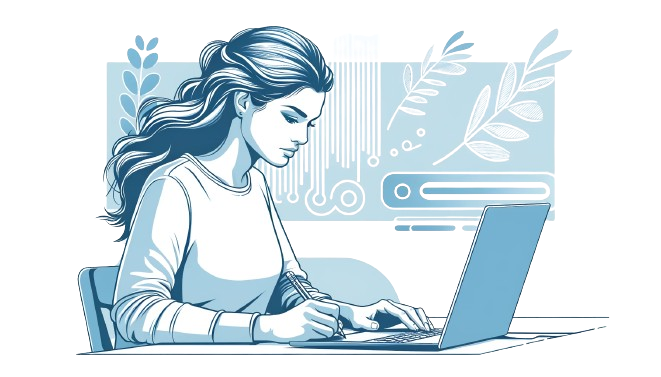 "Illustration of a concentrated woman sitting at a table, typing diligently on her computer."