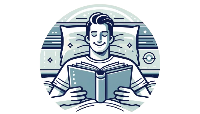 "Illustration in shades of blue depicting a happy man lying in bed and reading a book."